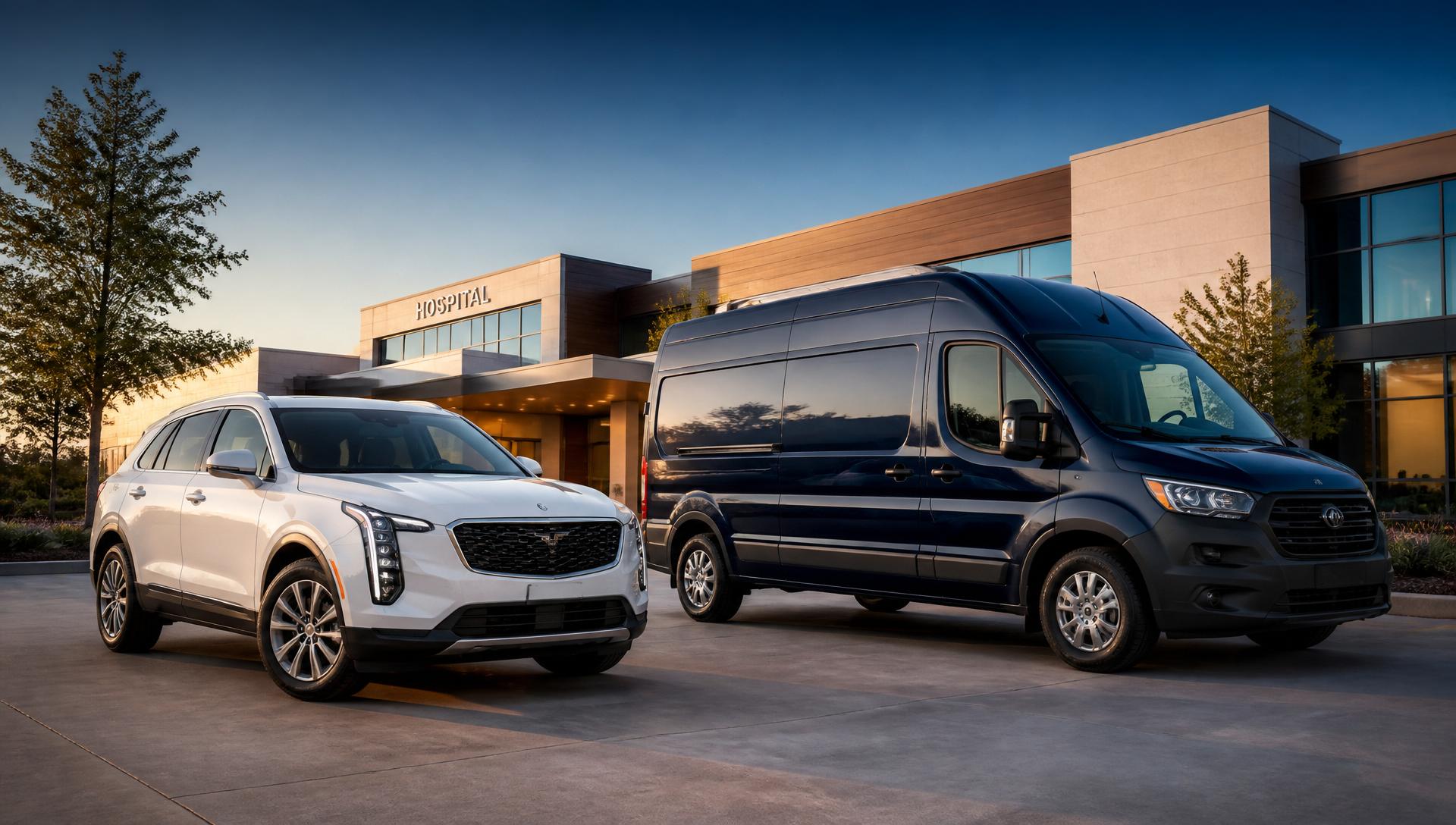 S&M Logistics fleet — white Cadillac XT4 and blue courier van at a hospital